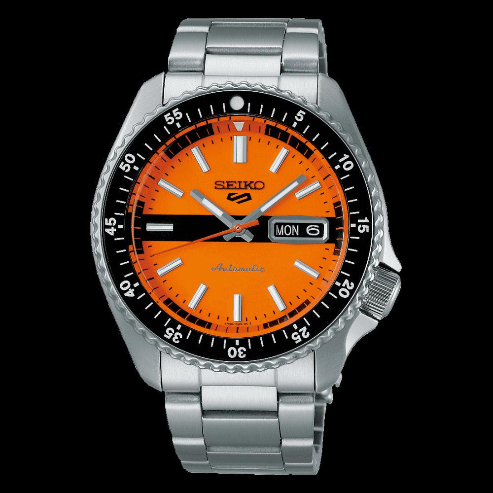 Seiko 5 Sports Double Hurricane Retro Orange Dial Silver Steel Strap Watch For Men - SRPK11K1 wholesalehk.shop