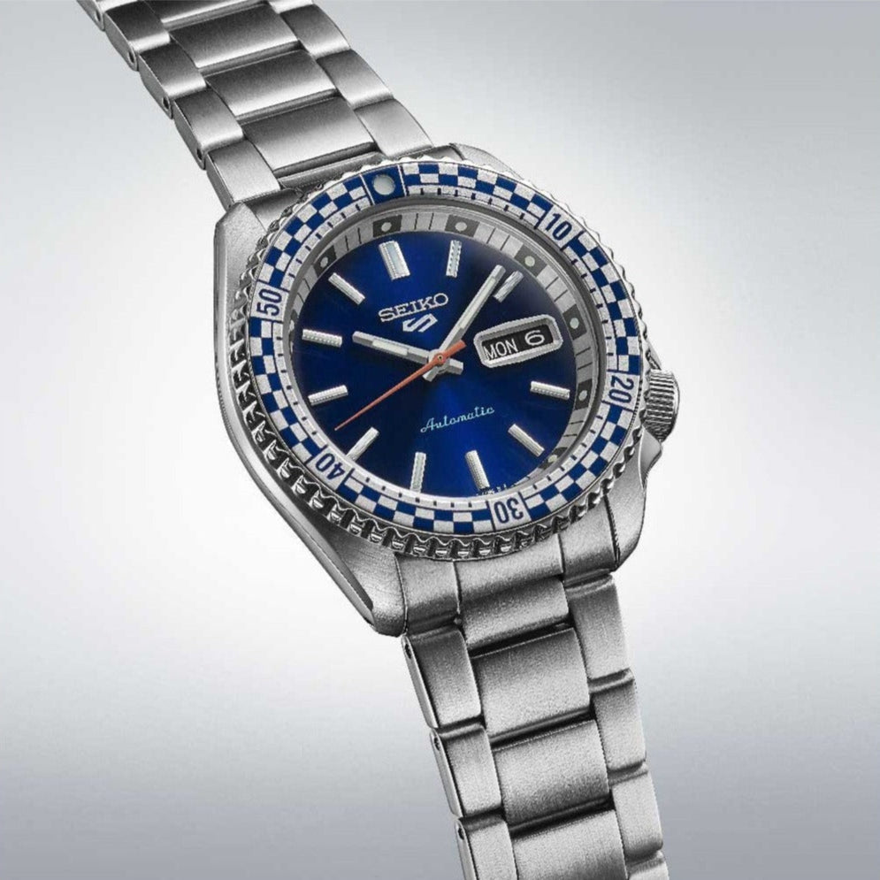 Seiko 5 Sports Petrol Blue Checker Flag Special Edition Blue Dial Silver Steel Strap Watch For Men - SRPK65K1 wholesalehk.shop