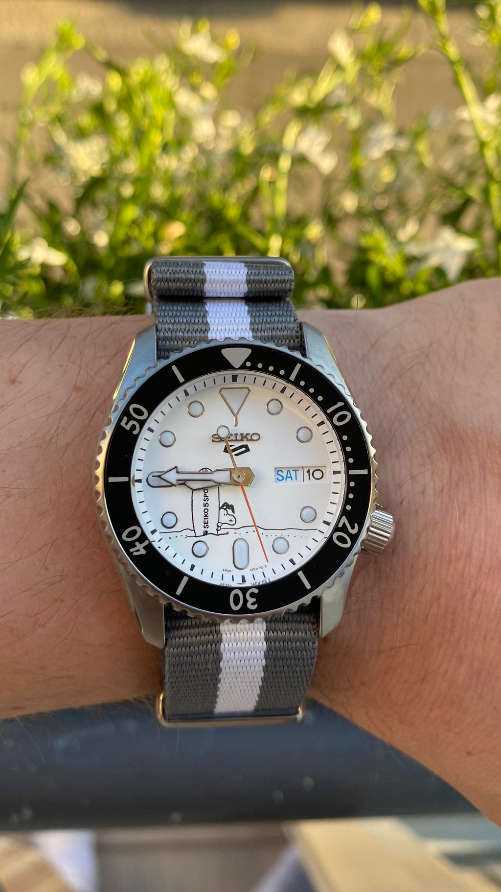 Seiko 5 Sports x Peanuts Surfboard Snoopy Limited Edition White Dial Two Tone NATO Strap Watch For Men - SRPK25K1 wholesalehk.shop