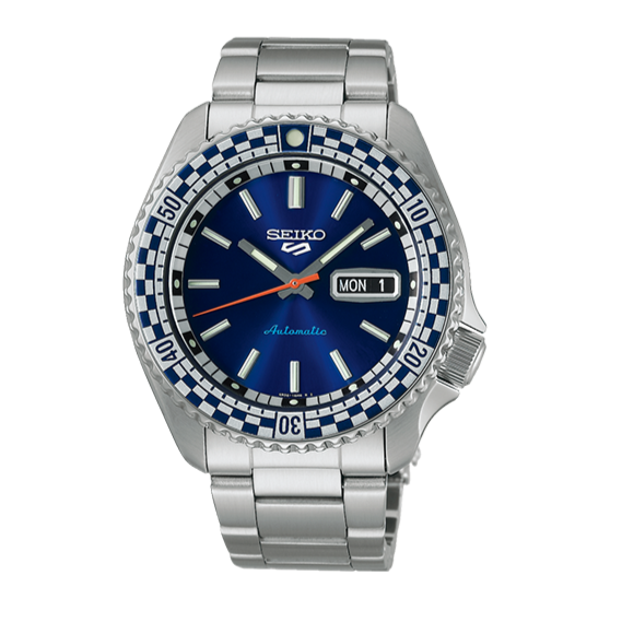 Seiko 5 Sports Petrol Blue Checker Flag Special Edition Blue Dial Silver Steel Strap Watch For Men - SRPK65K1 wholesalehk.shop