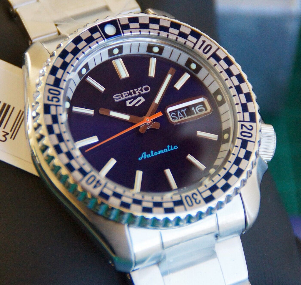 Seiko 5 Sports Petrol Blue Checker Flag Special Edition Blue Dial Silver Steel Strap Watch For Men - SRPK65K1 wholesalehk.shop