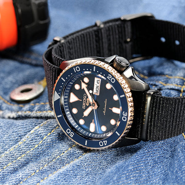 Seiko 5 Sports Automatic Blue Dial Black NATO Strap Watch for Men - SBSA098 wholesalehk.shop