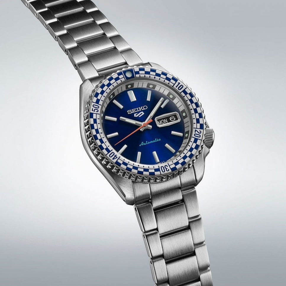 Seiko 5 Sports Petrol Blue Checker Flag Special Edition Blue Dial Silver Steel Strap Watch For Men - SRPK65K1 wholesalehk.shop