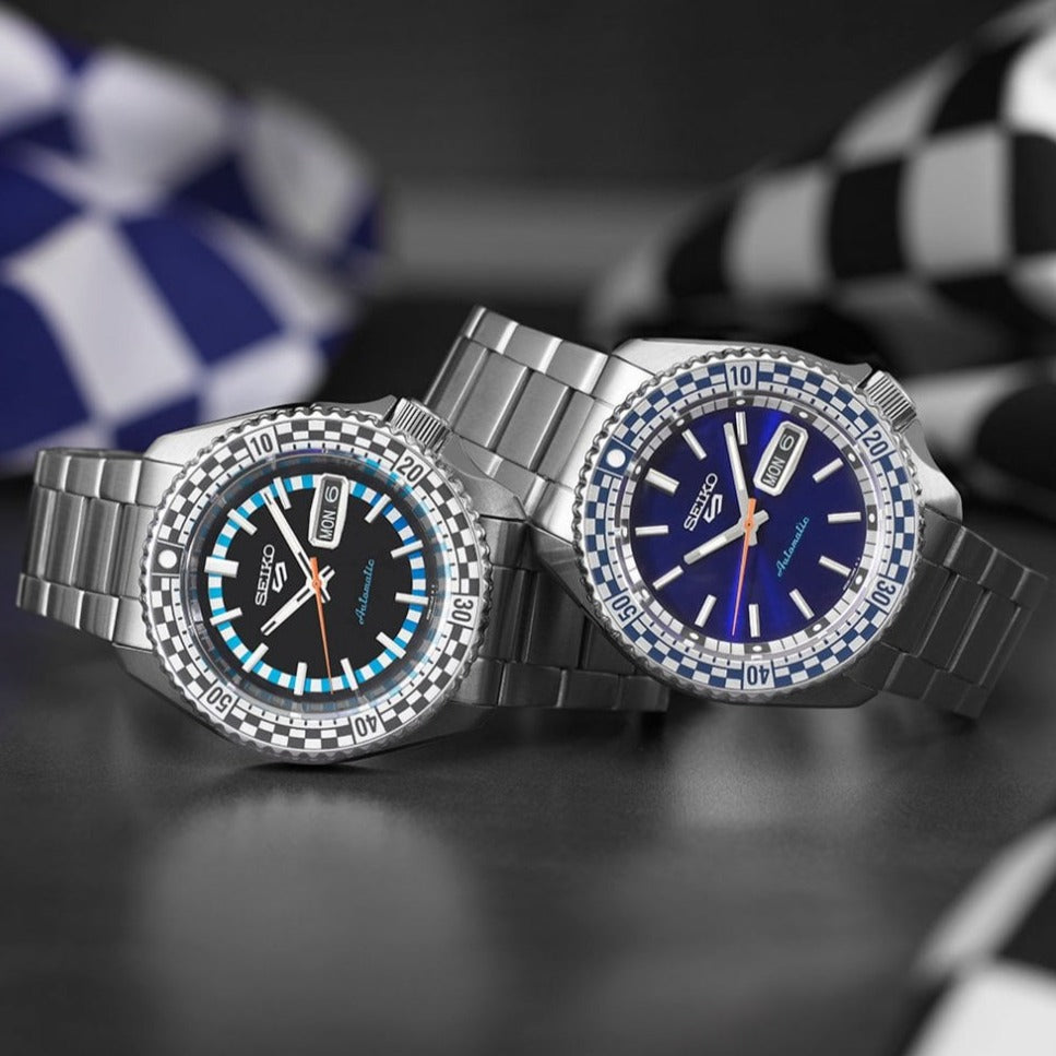 Seiko 5 Sports Petrol Blue Checker Flag Special Edition Blue Dial Silver Steel Strap Watch For Men - SRPK65K1 wholesalehk.shop