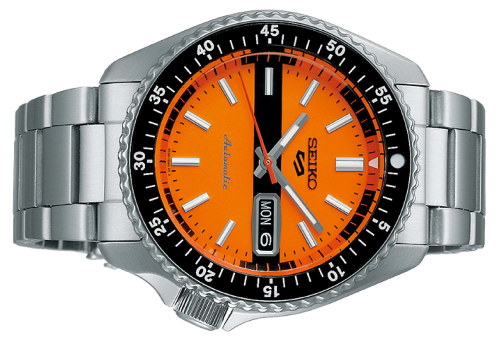 Seiko 5 Sports Double Hurricane Retro Orange Dial Silver Steel Strap Watch For Men - SRPK11K1 wholesalehk.shop