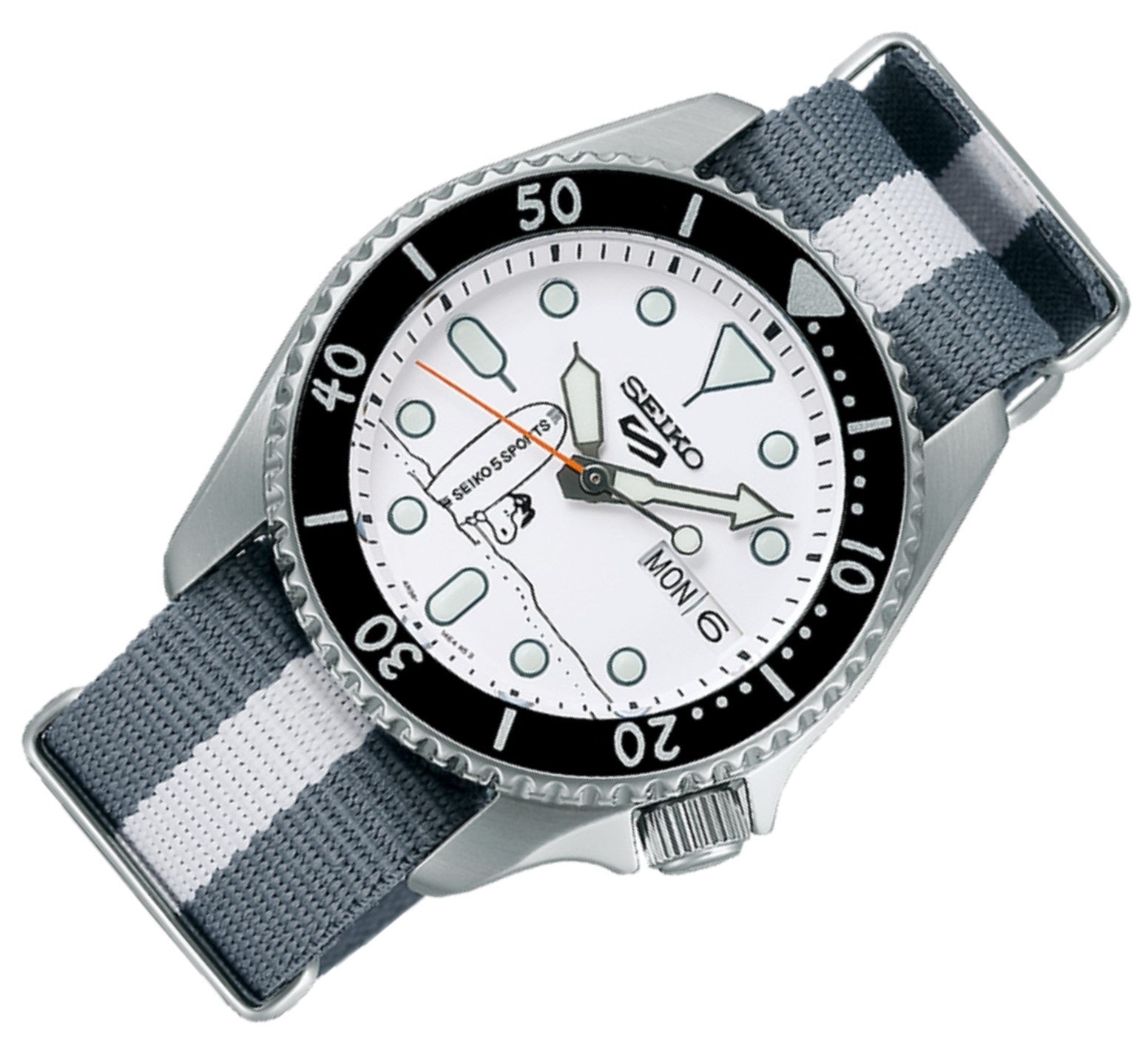 Seiko 5 Sports x Peanuts Surfboard Snoopy Limited Edition White Dial Two Tone NATO Strap Watch For Men - SRPK25K1 wholesalehk.shop