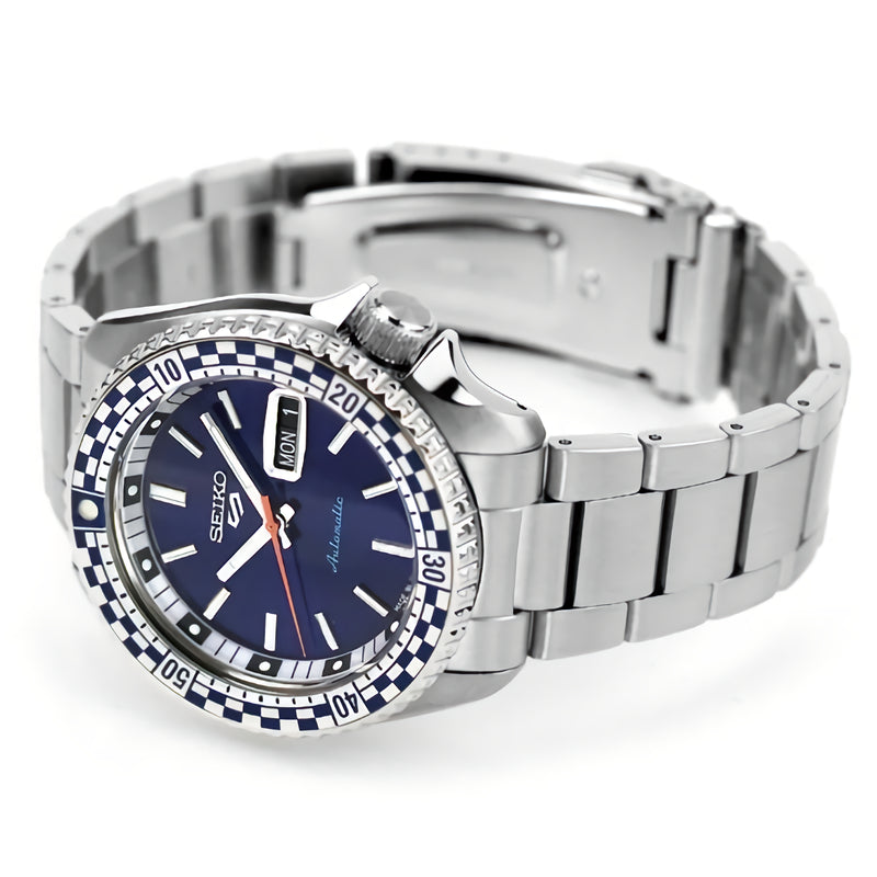 Seiko 5 Sports Petrol Blue Checker Flag Special Edition Blue Dial Silver Steel Strap Watch For Men - SRPK65K1 wholesalehk.shop