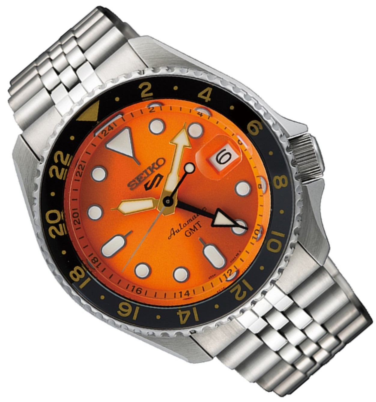 Seiko 5 Sports GMT Automatic Orange Dial Silver Steel Strap Watch For Men - SSK005K1 wholesalehk.shop