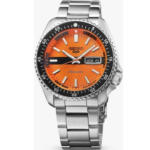 Seiko 5 Sports Double Hurricane Retro Orange Dial Silver Steel Strap Watch For Men - SRPK11K1 wholesalehk.shop
