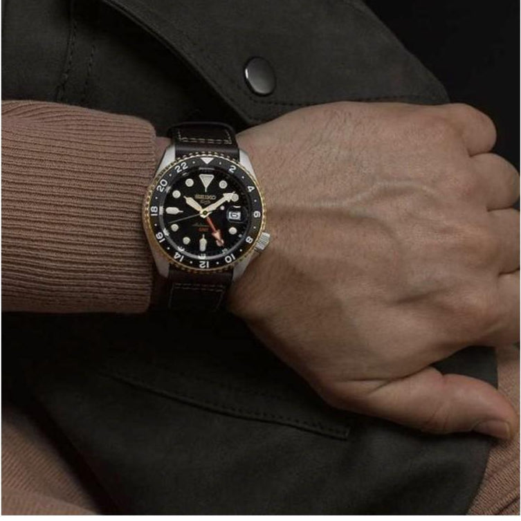 Seiko 5 Sports SKX GMT Automatic Mocha Black Dial Brown Leather Strap Watch For Men - SSK036K1 wholesalehk.shop