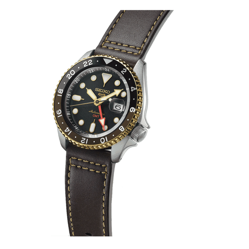 Seiko 5 Sports SKX GMT Automatic Mocha Black Dial Brown Leather Strap Watch For Men - SSK036K1 wholesalehk.shop