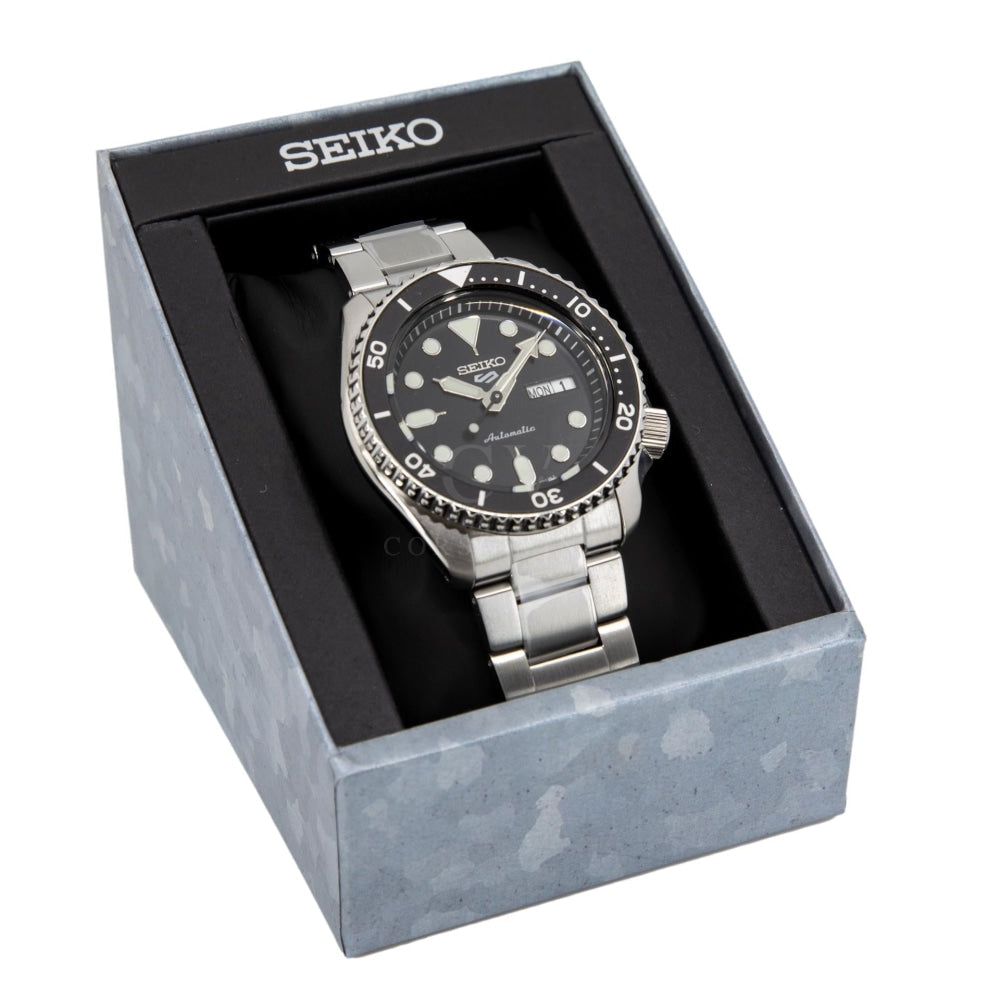 Seiko 5 Sports Automatic Day Date Black Dial Silver Steel Strap Watch for Men - SRPD55K1 wholesalehk.shop