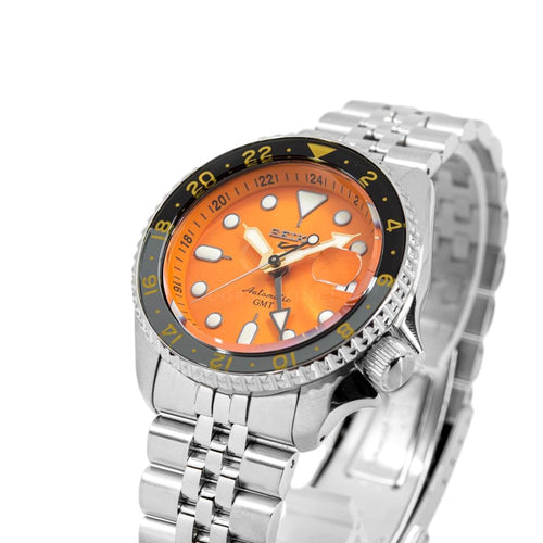 Seiko 5 Sports GMT Automatic Orange Dial Silver Steel Strap Watch For Men - SSK005K1 wholesalehk.shop