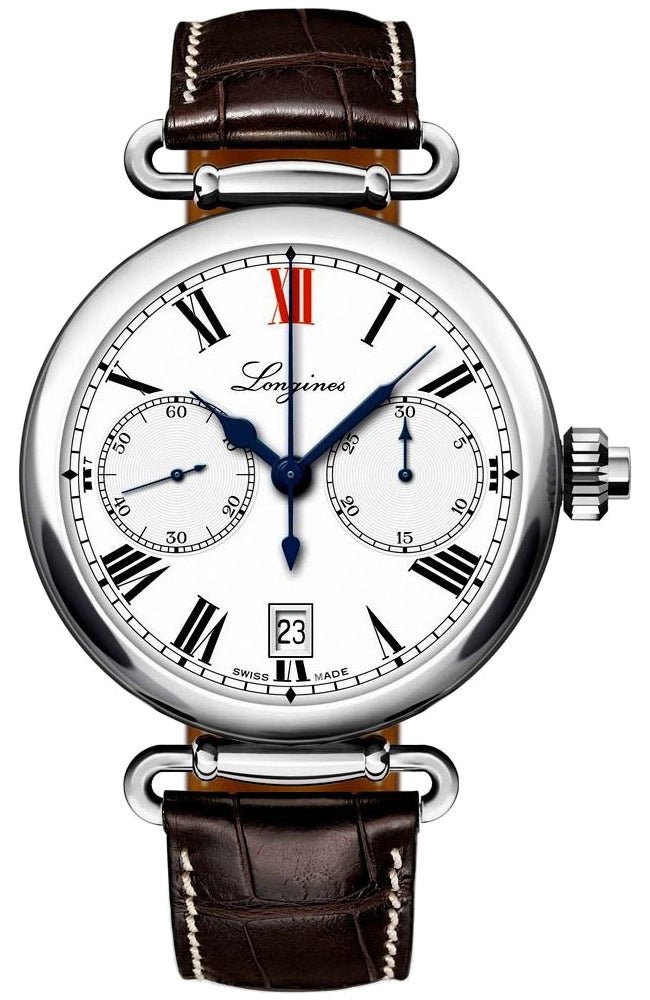 Special Edition Longines Heritage Chronograph Steel White Dial Date Brown Leather Strap Mens Watch L2.776.4.21.3 wholesalehk.shop
