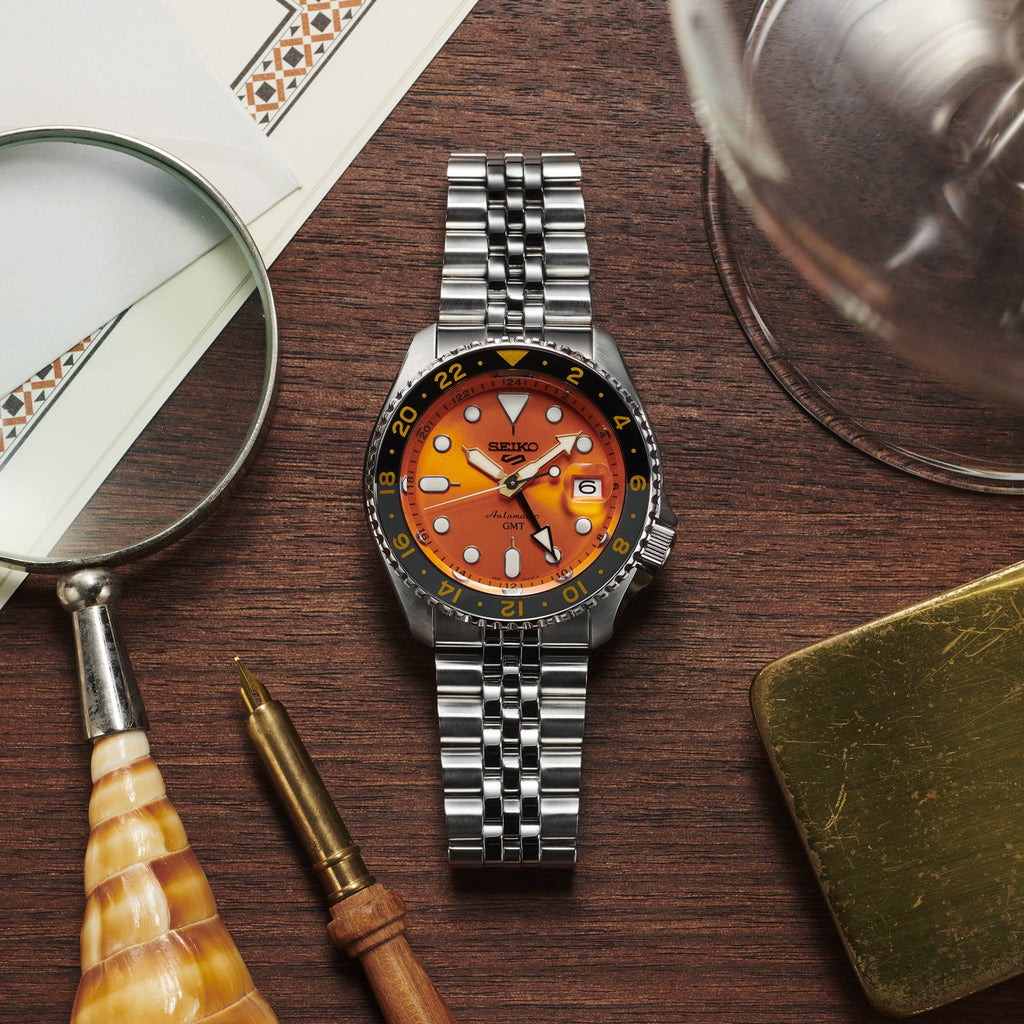 Seiko 5 Sports GMT Automatic Orange Dial Silver Steel Strap Watch For Men - SSK005K1 wholesalehk.shop