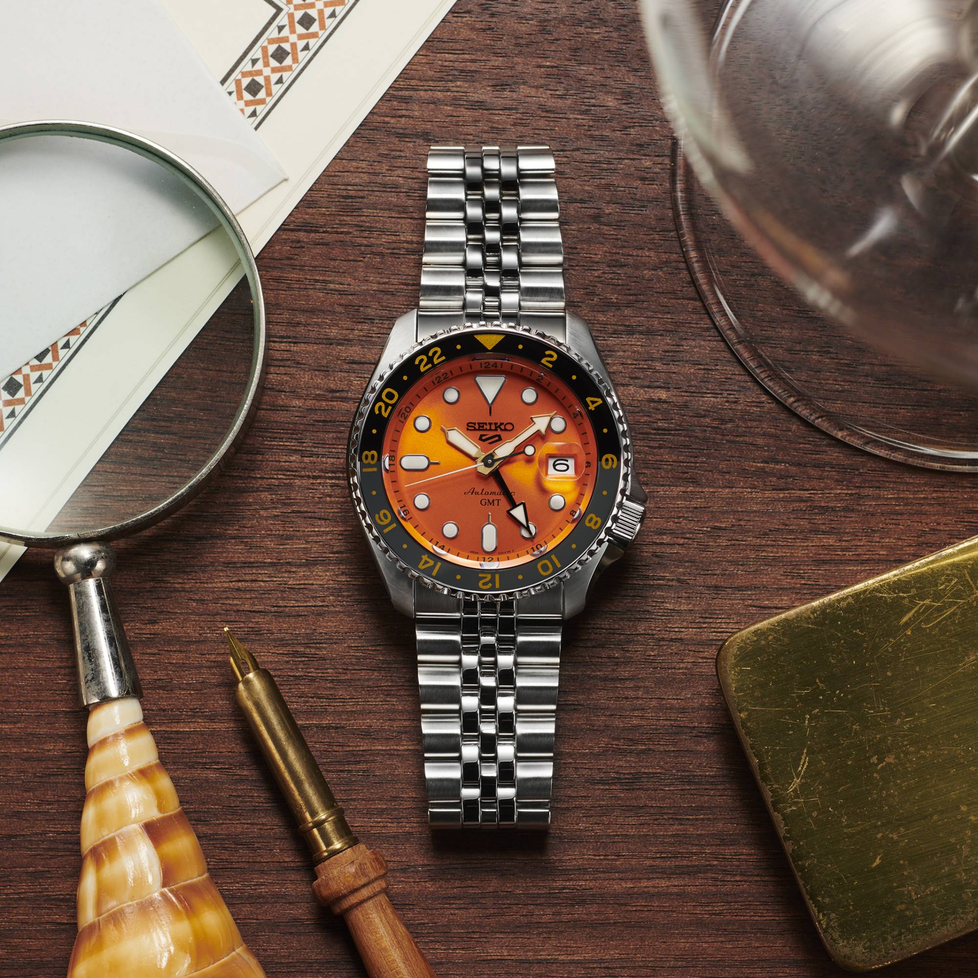 Seiko 5 Sports GMT Automatic Orange Dial Silver Steel Strap Watch For Men - SSK005K1 wholesalehk.shop
