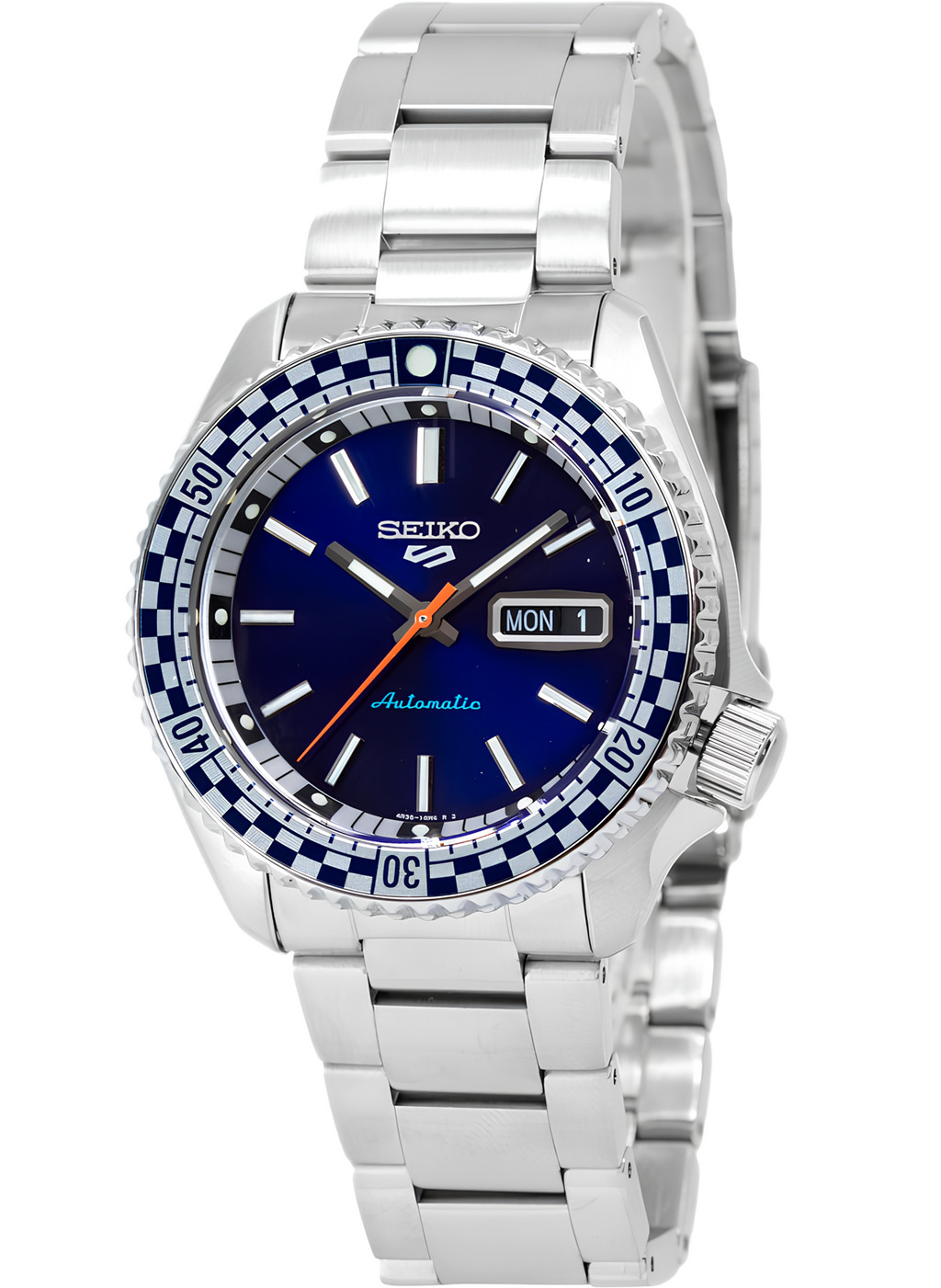 Seiko 5 Sports Petrol Blue Checker Flag Special Edition Blue Dial Silver Steel Strap Watch For Men - SRPK65K1 wholesalehk.shop