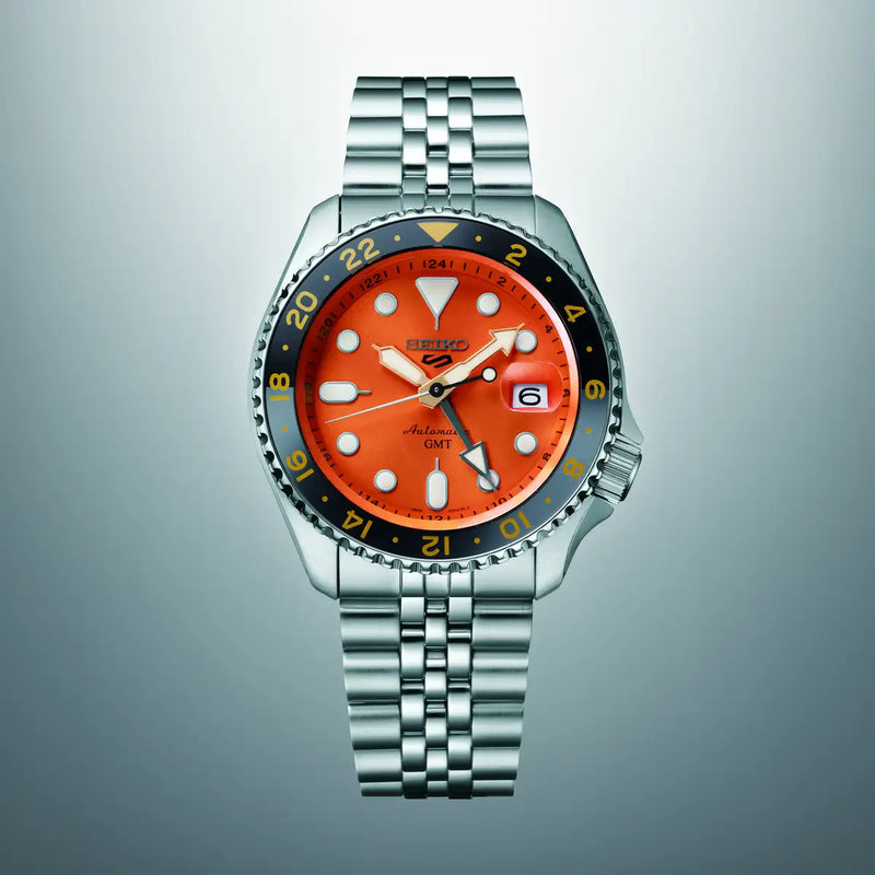 Seiko 5 Sports GMT Automatic Orange Dial Silver Steel Strap Watch For Men - SSK005K1 wholesalehk.shop