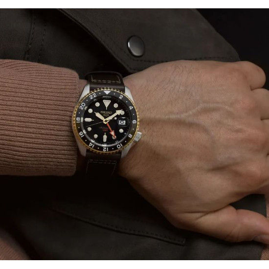 Seiko 5 Sports SKX GMT Automatic Mocha Black Dial Brown Leather Strap Watch For Men - SSK036K1 wholesalehk.shop