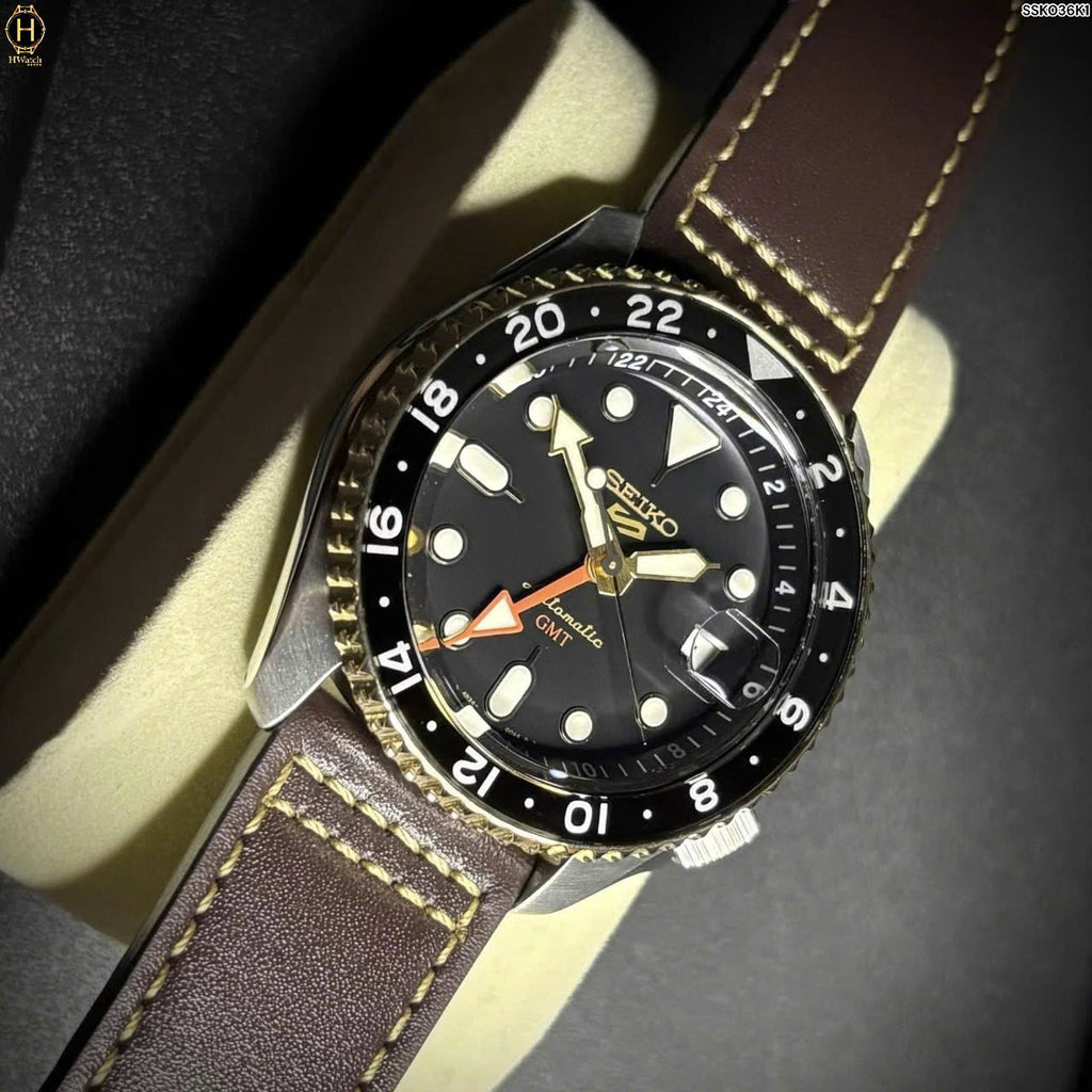 Seiko 5 Sports SKX GMT Automatic Mocha Black Dial Brown Leather Strap Watch For Men - SSK036K1 wholesalehk.shop