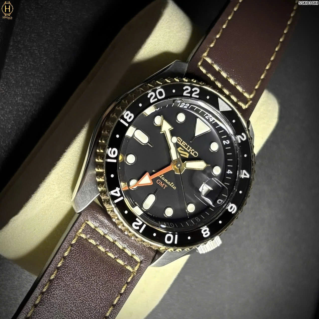Seiko 5 Sports SKX GMT Automatic Mocha Black Dial Brown Leather Strap Watch For Men - SSK036K1 wholesalehk.shop