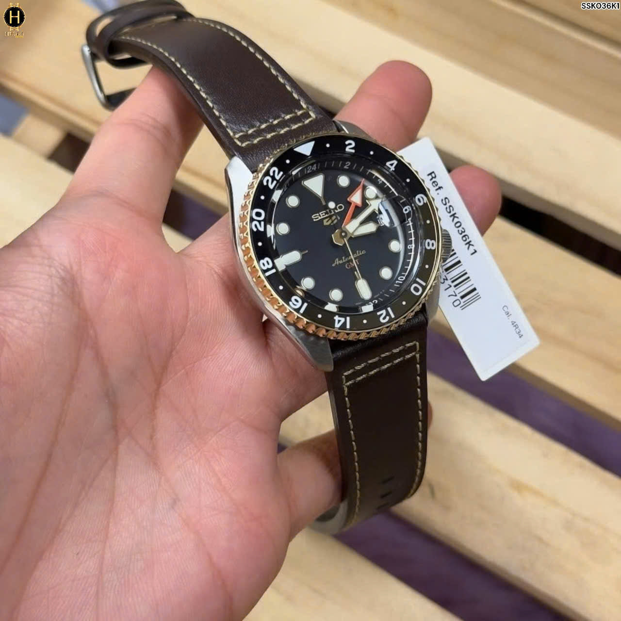 Seiko 5 Sports SKX GMT Automatic Mocha Black Dial Brown Leather Strap Watch For Men - SSK036K1 wholesalehk.shop