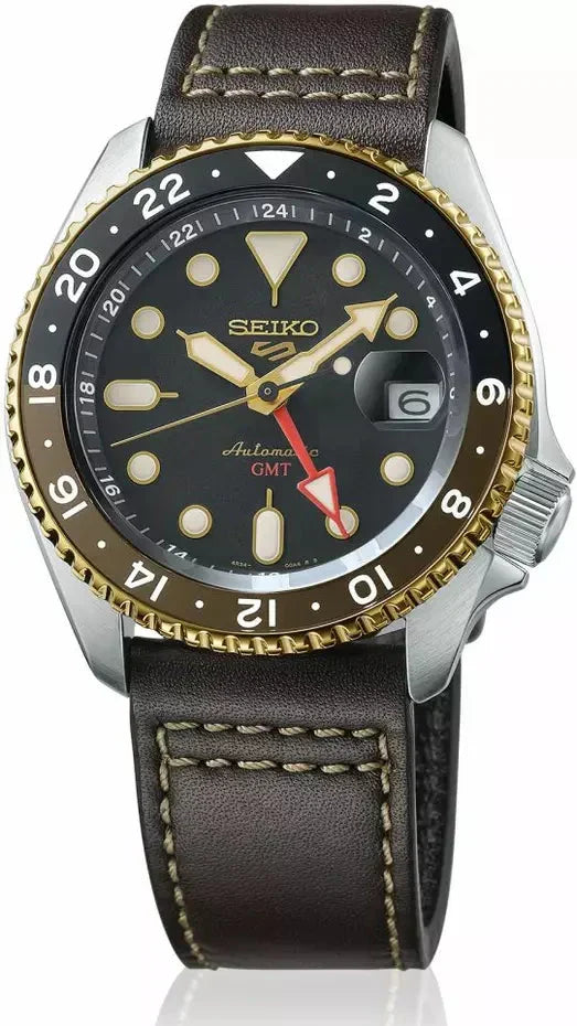 Seiko 5 Sports SKX GMT Automatic Mocha Black Dial Brown Leather Strap Watch For Men - SSK036K1 wholesalehk.shop