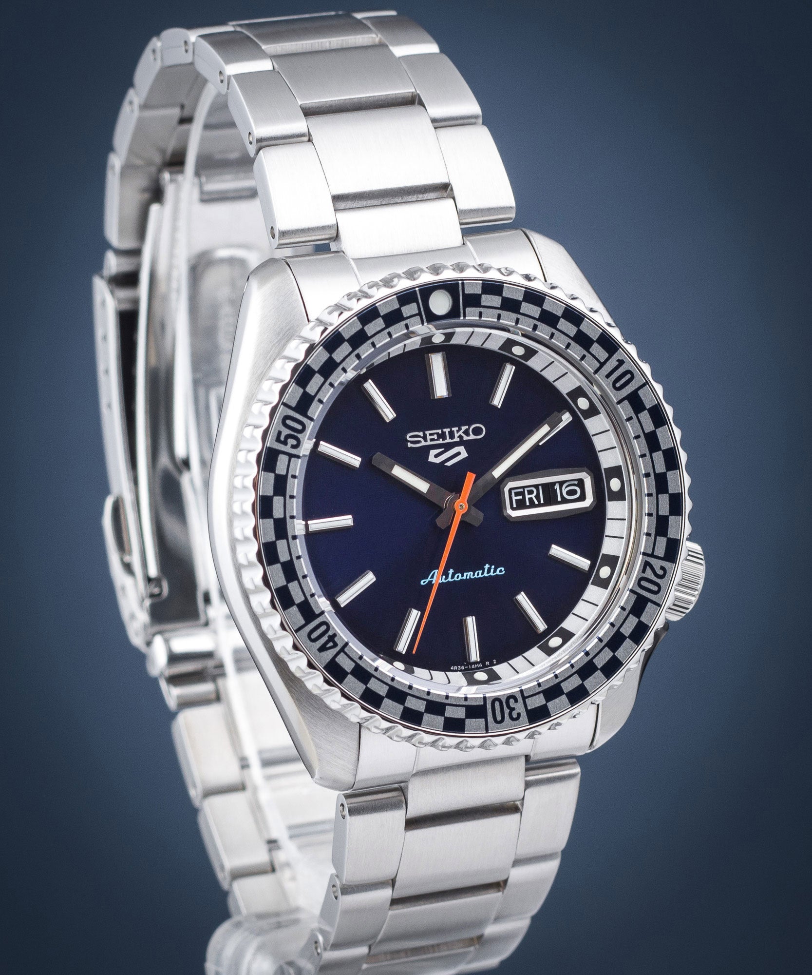 Seiko 5 Sports Petrol Blue Checker Flag Special Edition Blue Dial Silver Steel Strap Watch For Men - SRPK65K1 wholesalehk.shop
