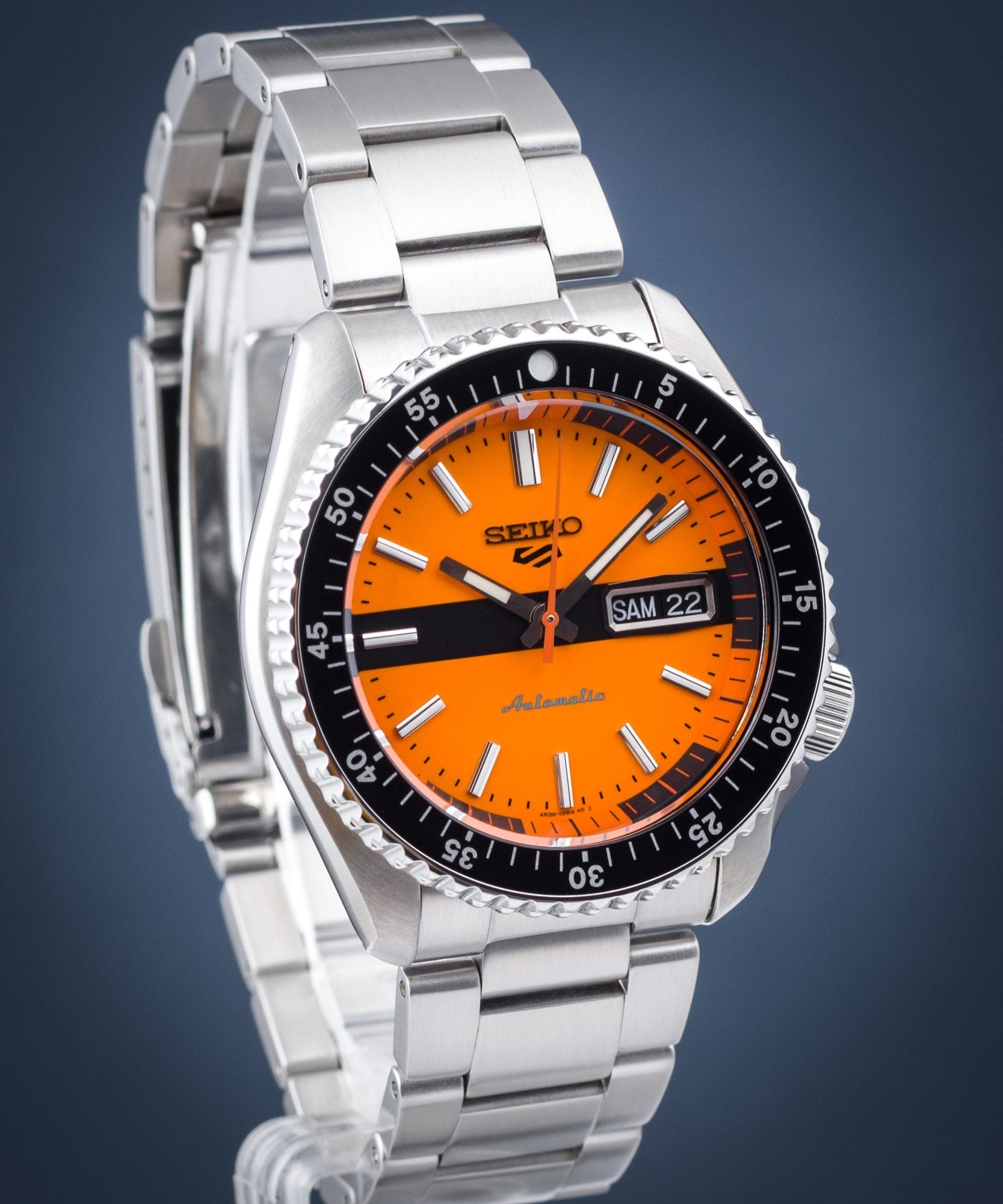 Seiko 5 Sports Double Hurricane Retro Orange Dial Silver Steel Strap Watch For Men - SRPK11K1 wholesalehk.shop